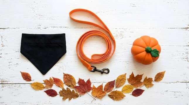 Orange Dog Leash and Black Pet Bandana with Pumpkin and Autumn Leaves