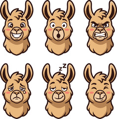 Fototapeta premium Set of six cartoon lama head avatars with different facial expressions