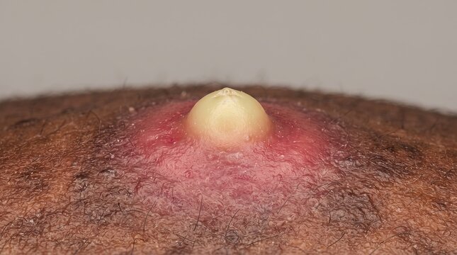 Extreme macro of a severely inflamed purulent boil or large pus-filled pimple on dark skin