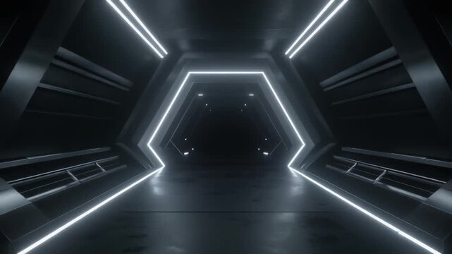 Hexagonal sci-fi tunnel with glowing white neon outline frames leading into dark space