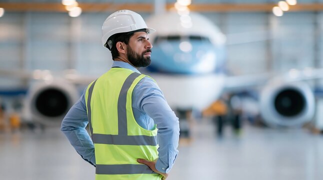 Aviation engineer and technician performing aircraft maintenance in an industrial airport hangar