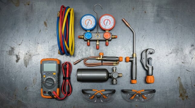 HVAC technician tools laid out on a workshop bench including refrigerant gauge manifold, pipe cutter, brazing torch and multimeter.