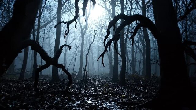 Eerie forest scene with gnarled trees resembling monstrous claws in the fog