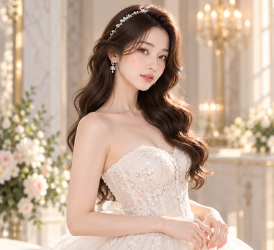 Korean women's wedding dress, wedding shoot snaps, K-beauty aesthetic hair, fashion model, veil, bridal gown, wedding hall, planner, princess, white, groom and bride makeup, tiara studio photo shoot