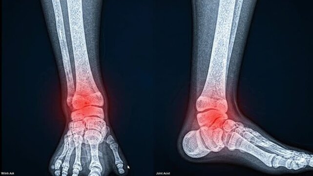 Radiograph showing hip and ankle pain with inflammation highlighted in red