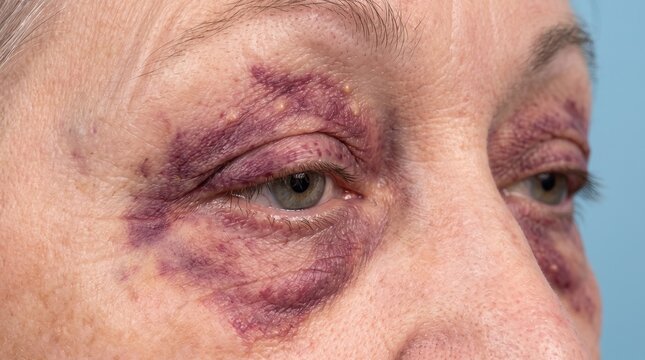 Close up of severe periorbital ecchymosis or bruising around an elderly woman's eyes