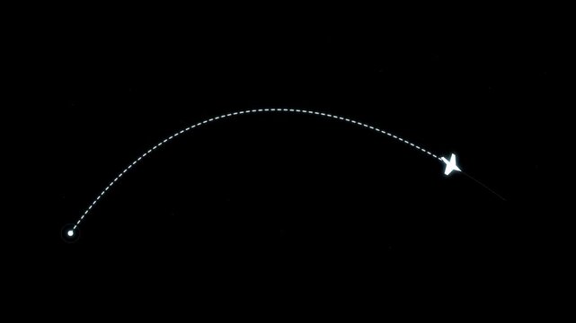 Airplane following dotted curved flight path to destination