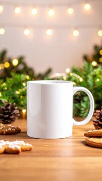 Christmas holiday comfort and winter coziness white coffee mug on wooden table with gingerbread cookies and festive pine tree lights