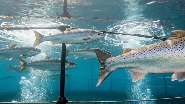 A group of silver fish swim inside a large underwater enclosure