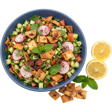 Fattoush salad in a blue bowl with sumac, radish, cucumber and pita chips, with lemon halves and mint