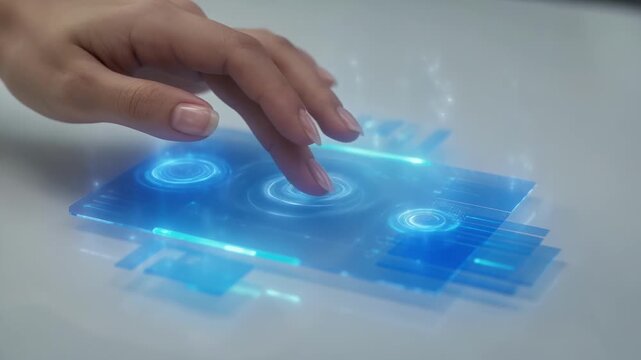 Technology - Caucasian woman interacting with a futuristic holographic digital display interface on a clean surface