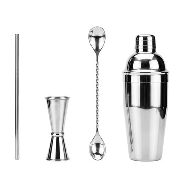 Stainless steel cocktail bar tools including a jigger bar spoon and shaker for drink preparation isolated on transparent background