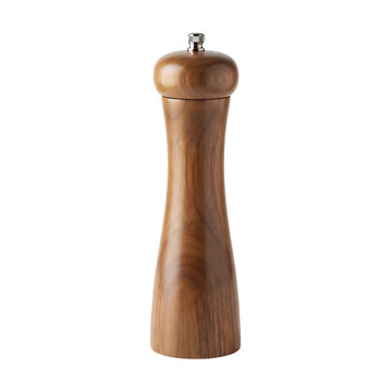 Wooden pepper grinder with metal cap during studio lighting isolated on transparent background