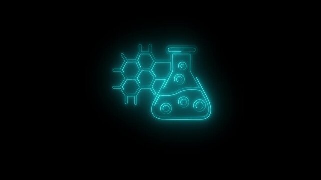 Neon glowing science flask icon with molecular structure animation for laboratory research, chemistry education and biotechnology technology