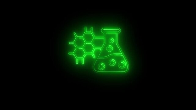 Neon green glowing science laboratory flask icon with molecular structure animation for chemistry research, scientific analysis, biotechnology and laboratory technology on black background