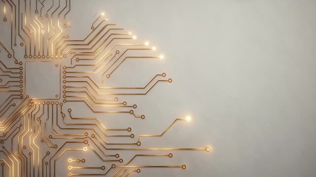 Technology Background - Gold microprocessor expanding with glowing circuit board traces and glowing connections on grey background