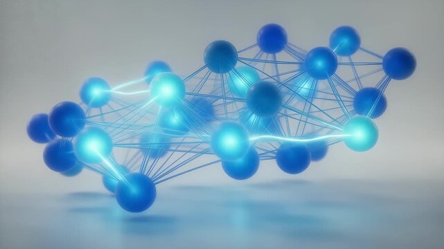 Technology - 3d animation of abstract glowing neural network or molecular structure with pulsing nodes and connecting lines representing data flow and artificial intelligence