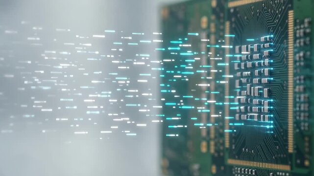 Technology Background - Abstract circuit board with glowing data streams and electronic components moving through the air
