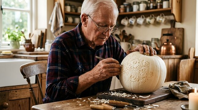 Elderly man carving an intricate pattern into a white pumpkin in kitchen
