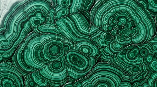 A high resolution macro close up shot of a polished malachite mineral stone showing beautiful natural concentric green patterns and intricate swirling organic layered textures