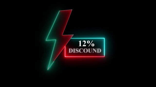 Discount 12% neon light sign, purple and blue colors, Glowing neon line of Discount sign banner for promo video. Shopping, great discount 12% and clearance, social media, communication