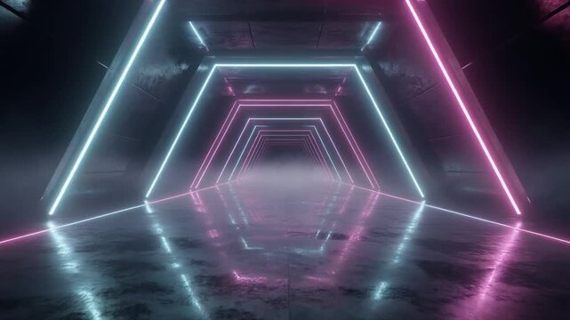 Hexagonal sci-fi tunnel with glowing pink and cyan neon arches over foggy reflective floor