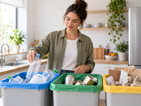 Woman sorting household waste for recycling at home