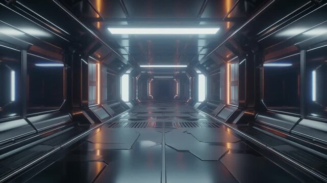 Metallic high tech sci-fi corridor with orange side LED strips and white ceiling lights
