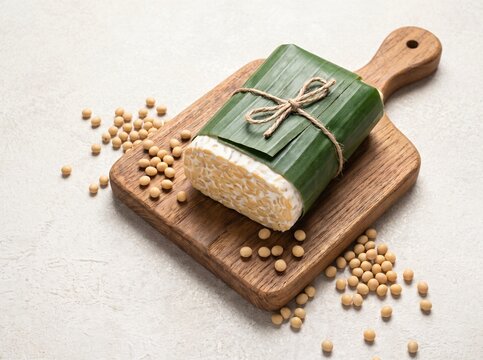 fresh uncooked tempeh wrapped in banana leaf
