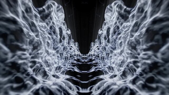 White feathery walls forming an angel wing tunnel, ethereal monochrome seamless vj loop for runway and heavenly scenes