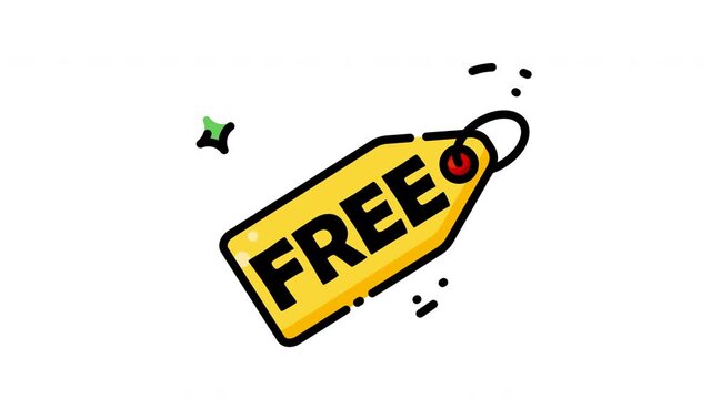 Animated free tag for pricing, with yellow rectangular price label and clean digital graphics. Perfect for sales promotions and retail concepts.