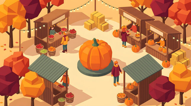 Isometric 3d low poly autumn harvest festival market with giant pumpkin and stalls