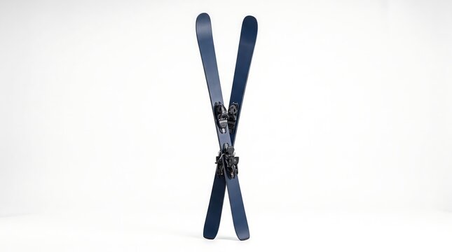 A pair of dark blue alpine skis with bindings crossed in an 'X' shape on a plain white background.