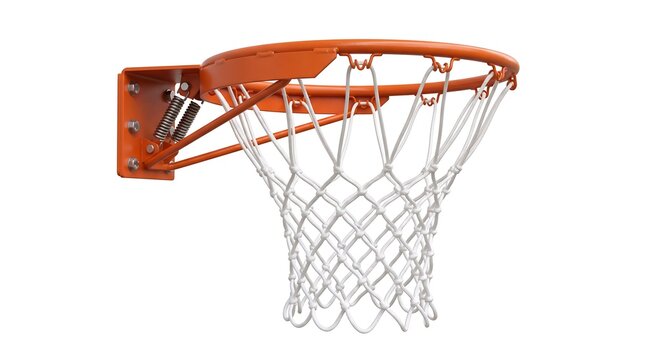 An orange basketball hoop with a white net is mounted on a white background.