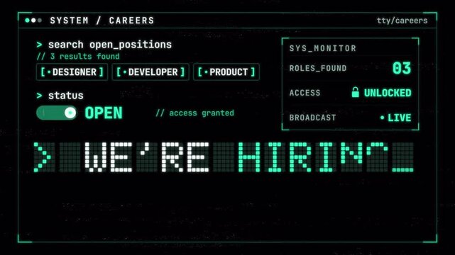 Tech Recruitment We're Hiring Text Animation with Futuristic Computer Terminal Interface, Command Line Search, Status Switch From Closed To Open and Dot Matrix Reveal. Loop Alpha 4K