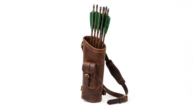 A brown leather quiver filled with green-fletched arrows stands on a white background.