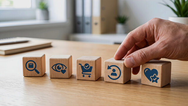 Enterprise Customer Journey E-Commerce Sales Funnel Customer Retention and Brand Loyalty on Wooden Blocks
