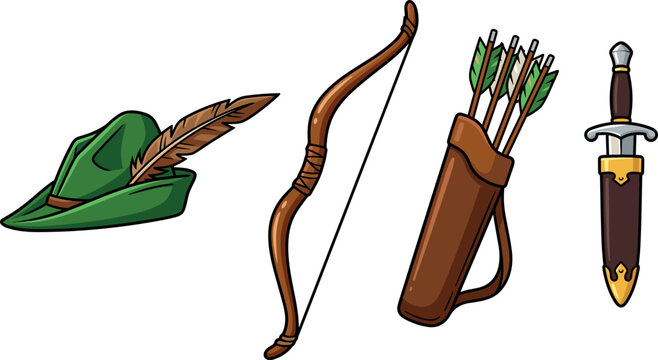 Medieval Archer Equipment Vector Icon Set Featuring a Green Robin Hood Hat Wooden Bow Arrow Quiver and a Sheathed Dagger Knife