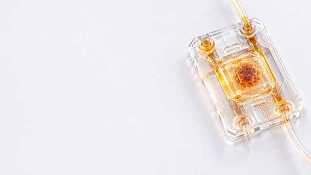 Macro View of an Organoid Culture Chip with Amber Liquid and Central Spheroid: Precision Lab-on-a-Chip for Biomedical Research with Copy Space at 11K