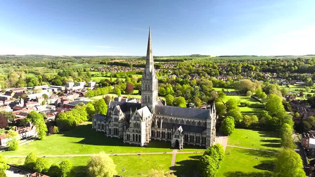 Salisbury Cathedral from a drone, Salisbury, Wiltshire, England, United Kingdom