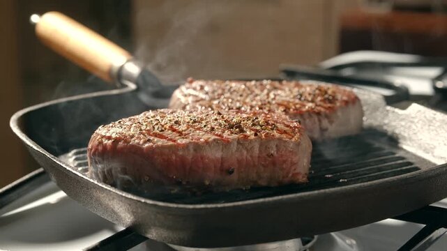 Close-up view of grilling two beef steaks in griddle pan in home kitchen
