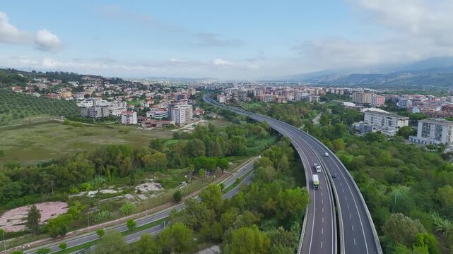 View of Andreotta and Cosenza from Road E45 from a drone, Cosenza, Calabria, Italy