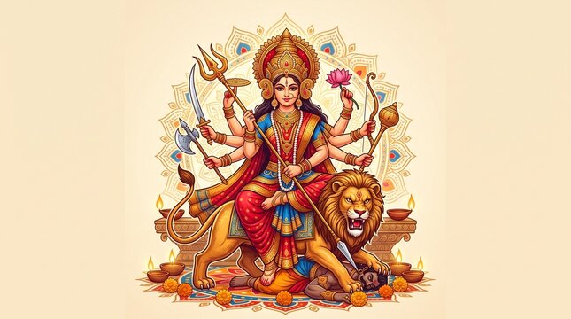 Powerful Goddess Durga Riding Lion Defeating Demon Mahishasura During Durga Puja Festival
