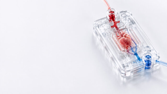 Macro View of a Heart on a Chip Device with Red and Blue Liquid Flow: Precision Organ Model for Cardiovascular Research with Copy Space at 11K