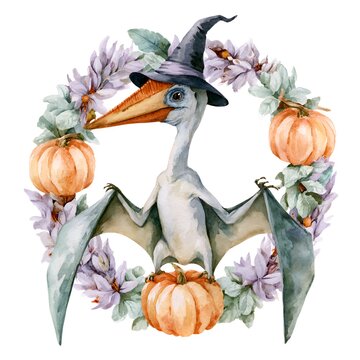 Cute watercolor pterodactyl wearing a witch hat surrounded by pumpkins and flowers