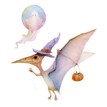 Cute watercolor pterodactyl wearing a witch hat with a pumpkin and ghost balloon