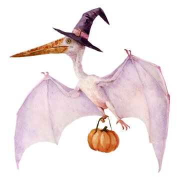 Cute watercolor pterodactyl wearing a witch hat holding a pumpkin for Halloween