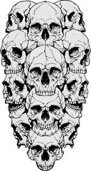 Fototapeta premium Stacked Pile of Human Skulls in Symmetrical Composition, Fine Line Pen and Ink Illustration