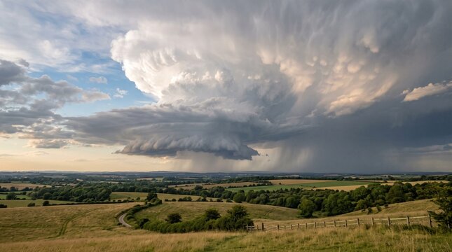 Massive thunderstorm cloud drops heavy rain over open countryside and distant fields. Dramatic weather, storm risk, climate volatility, and severe forecast alert.  