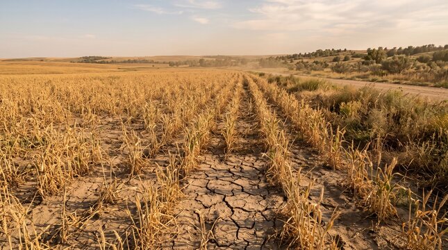 Dry crop field with cracked soil stretches under a hot sky in a rural farming landscape. Severe drought, harvest loss, water shortage and climate crisis threaten agriculture and food supply.  